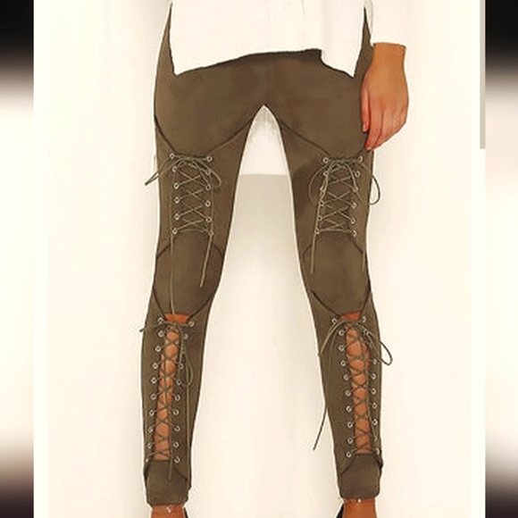 Cotton blend brushed legging pants hidden zipper coset gromet sage green vegan - Picture 4 of 17